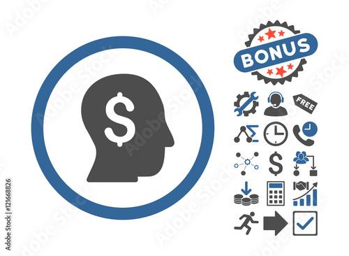 Businessman icon with bonus symbols. Vector illustration style is flat iconic bicolor symbols, cobalt and gray colors, white background.