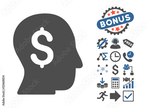 Businessman pictograph with bonus pictures. Vector illustration style is flat iconic bicolor symbols, cobalt and gray colors, white background.