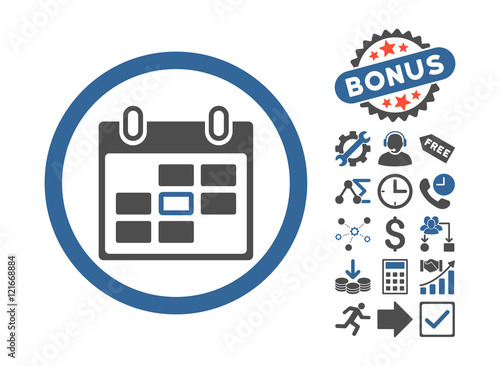 Calendar Day pictograph with bonus pictures. Vector illustration style is flat iconic bicolor symbols, cobalt and gray colors, white background.