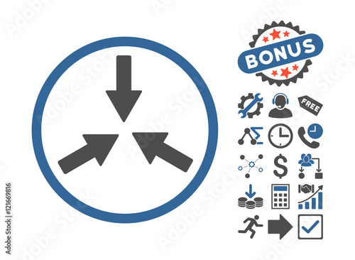 Collide Arrows icon with bonus symbols. Vector illustration style is flat iconic bicolor symbols, cobalt and gray colors, white background.