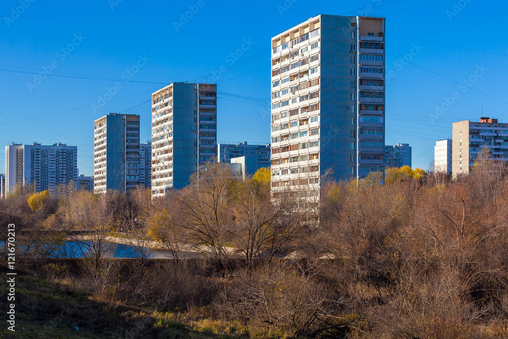 Gold autumn and modern apartment houses, Moscow, Russia Gold autumn and modern apartment houses, Moscow, Russia