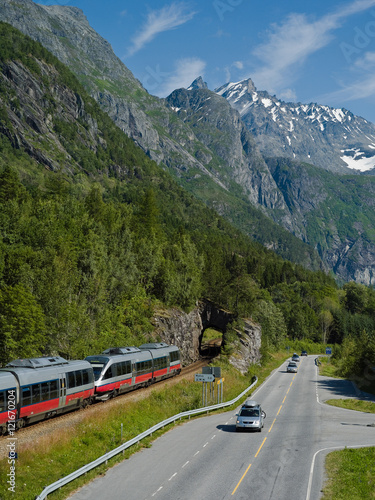 Train in Romsdalen Valley in Norway in summer
