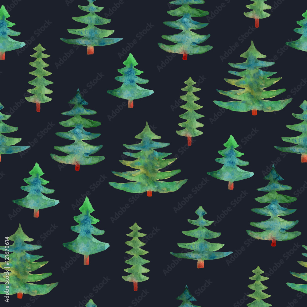 Watercolor green trees seamless pattern on dark blue background.