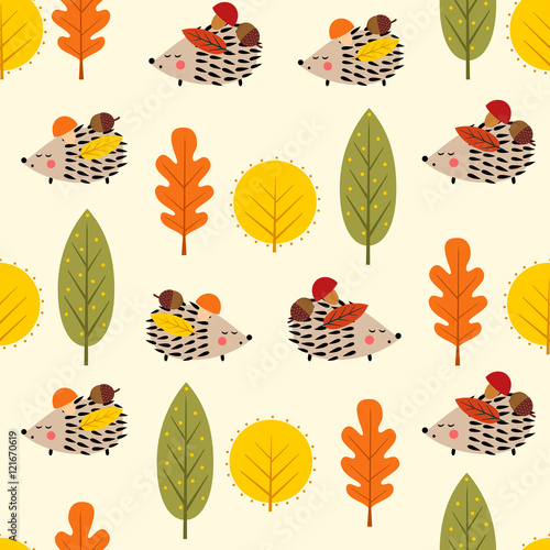 Hedgehog and decorative leaves seamless pattern. Autumn forest nature background. Baby hedgehog with trees vector illustration. Design for textile, wallpaper, fabric.