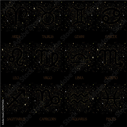 Starry sky zodiac signs and their names with colorful stars on a black background.