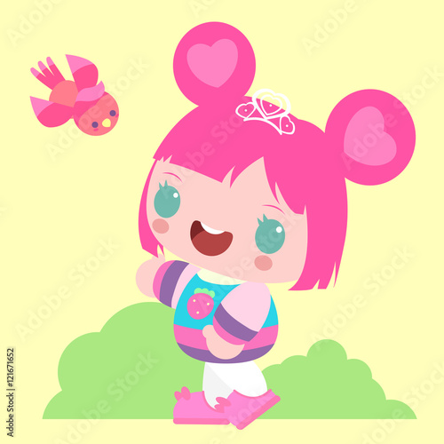 Little sweet girl with pink hair. Princess tiara. Walking in the park. Warm summer weather. Children s character.