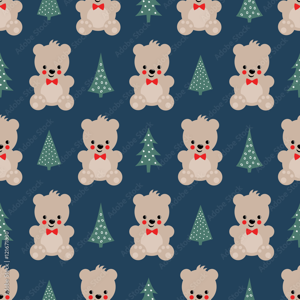 Obraz premium Teddy Bear with Xmas Trees seamless pattern on dark blue background. Cute vector background with boy teddy bear and Christmas tree. Design for print on baby's clothes, textile, wallpaper, fabric.