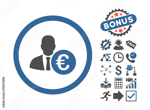 Euro Banker icon with bonus images. Vector illustration style is flat iconic bicolor symbols, cobalt and gray colors, white background.