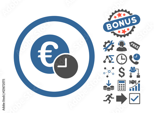 Euro Credit pictograph with bonus design elements. Vector illustration style is flat iconic bicolor symbols, cobalt and gray colors, white background.