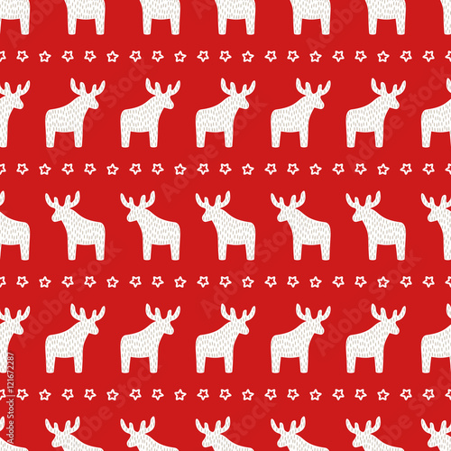 Christmas pattern - Xmas reindeer and star on red background. Happy New Year seamless background. Winter holidays vector design for textile, wallpaper, web, wrapping paper, fabric, decor etc.
