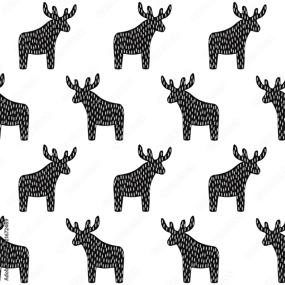 Obraz premium Black and white Christmas pattern with reindeer. Simple seamless Happy New Year background. Winter holidays vector design for textile, wallpaper, web, wrapping paper, fabric, decor etc.
