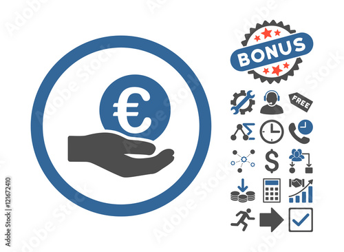 Euro Salary Hand icon with bonus symbols. Vector illustration style is flat iconic bicolor symbols, cobalt and gray colors, white background. photo