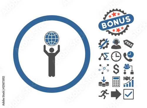 Globalist icon with bonus pictograph collection. Vector illustration style is flat iconic bicolor symbols, cobalt and gray colors, white background.
