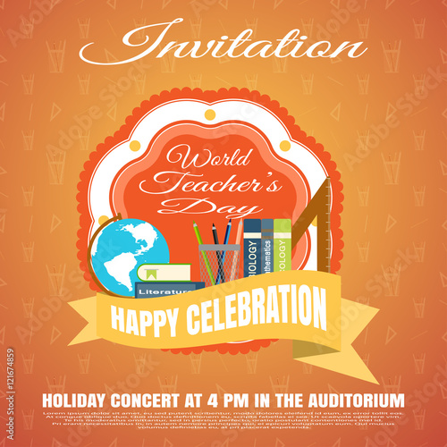 Vector illustration of invitation to the World teacher's day on the gradient orange background with seamless pattern.
