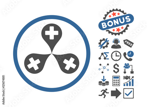 Hospital Map Markers icon with bonus design elements. Vector illustration style is flat iconic bicolor symbols, cobalt and gray colors, white background.