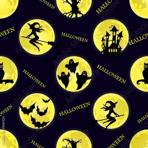 Vector seamless pattern for Halloween. Witch, ghost, bat, moon,