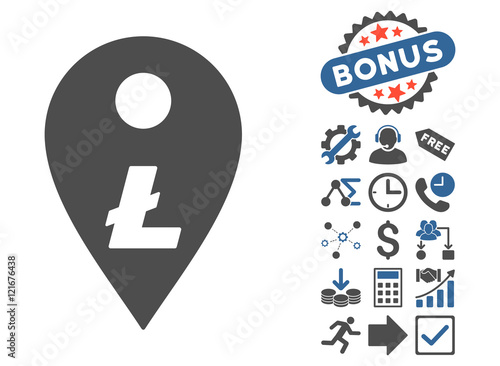Litecoin Map Marker icon with bonus pictures. Vector illustration style is flat iconic bicolor symbols, cobalt and gray colors, white background.