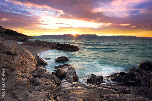 Sunrise on rocky beach, Istria, Croatia