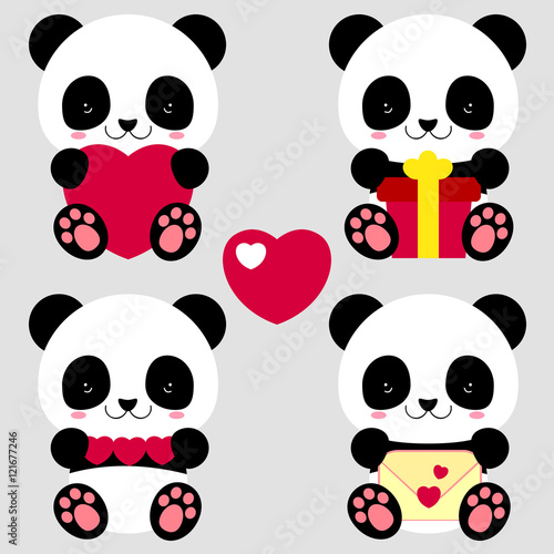 Icons of animals. Cute panda with heart  gift and envelope. The card for Valentine s Day. Congratulation. Love  friendship. Stickers. Children  character.