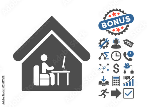 Office Room pictograph with bonus clip art. Vector illustration style is flat iconic bicolor symbols, cobalt and gray colors, white background.