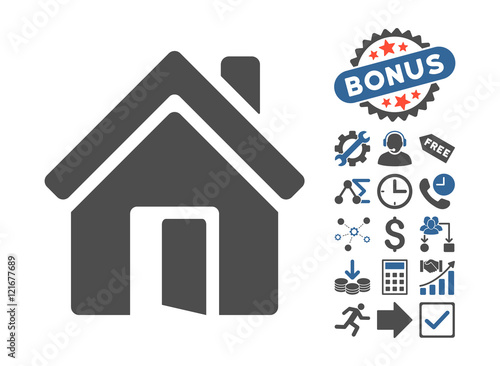 Open House Door icon with bonus images. Vector illustration style is flat iconic bicolor symbols, cobalt and gray colors, white background.