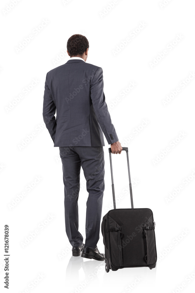 African businessman with suitcase in white room African businessman with suitcase in white room