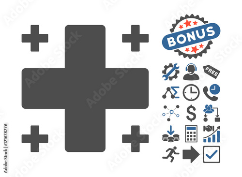 Plus icon with bonus design elements. Vector illustration style is flat iconic bicolor symbols, cobalt and gray colors, white background.