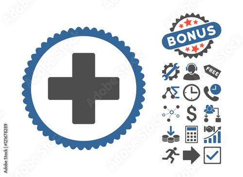Plus pictograph with bonus clip art. Vector illustration style is flat iconic bicolor symbols, cobalt and gray colors, white background.
