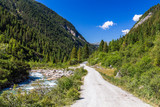 Austrian Alps. Starting famous Krimml waterfalls. Crystal clear water sparkles in the midday sun. Through the narrow creek wooden bridge spanned