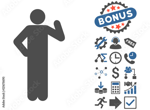 Proposal Pose icon with bonus pictogram. Vector illustration style is flat iconic bicolor symbols, cobalt and gray colors, white background.