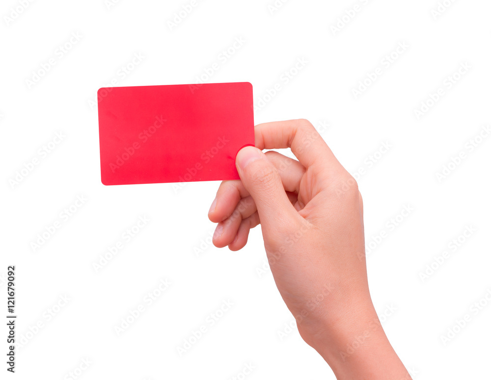 Obraz premium Hand holding blank business card isolated on white background. This picture has clipping path for easy to use.