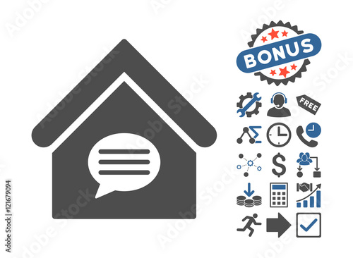 Realty Message pictograph with bonus design elements. Vector illustration style is flat iconic bicolor symbols, cobalt and gray colors, white background.