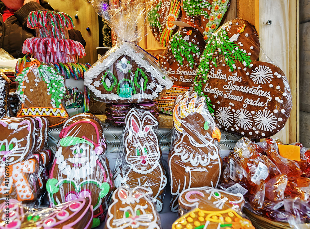 Colorful gingerbread stall with icing at Riga Christmas Market