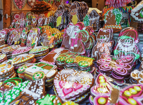 Colorful gingerbreads stall with icing at Riga Christmas Market