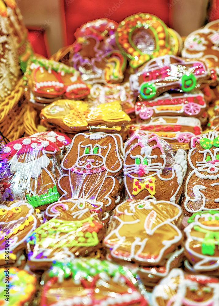 Colorful gingerbreads with icing at the Riga Christmas Market