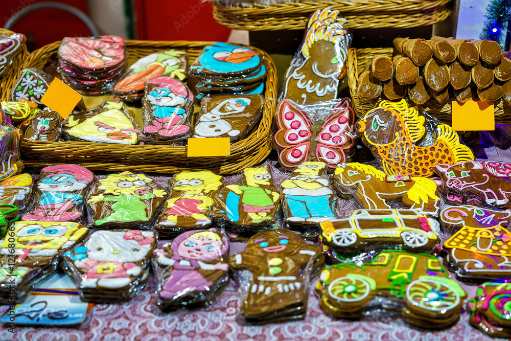 Colorful gingerbreads with icing at Riga Christmas Market
