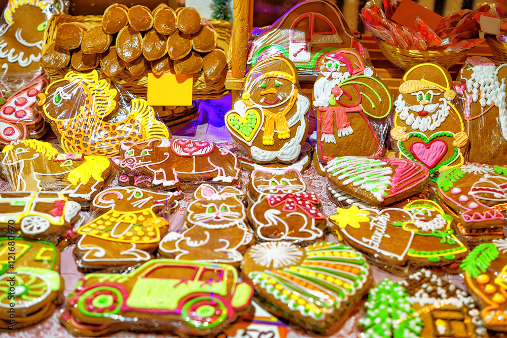 Colorful gingerbreads with various icing at Riga Christmas Market