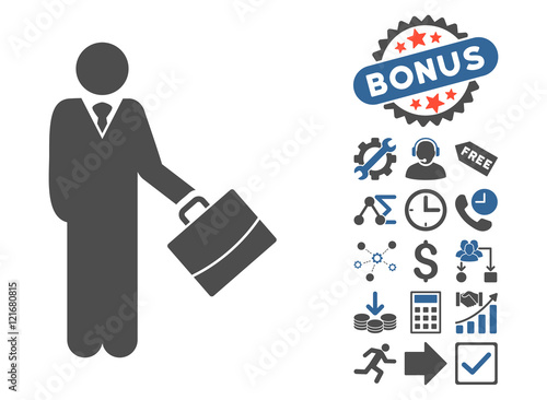 Standing Businessman pictograph with bonus clip art. Vector illustration style is flat iconic bicolor symbols, cobalt and gray colors, white background.