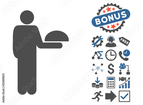 Standing Waiter icon with bonus icon set. Vector illustration style is flat iconic bicolor symbols, cobalt and gray colors, white background.