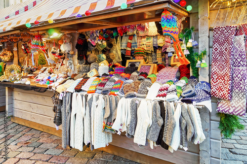 Stall with warm socks and mittens at Riga Christmas Market