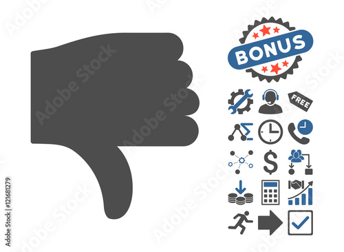 Thumb Down pictograph with bonus symbols. Vector illustration style is flat iconic bicolor symbols, cobalt and gray colors, white background. photo