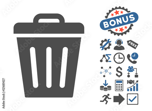Trash Can icon with bonus pictogram. Vector illustration style is flat iconic bicolor symbols, cobalt and gray colors, white background.