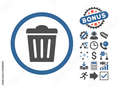 Trash Can pictograph with bonus pictogram. Vector illustration style is flat iconic bicolor symbols, cobalt and gray colors, white background.