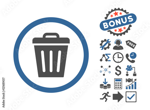 Trash Can icon with bonus symbols. Vector illustration style is flat iconic bicolor symbols, cobalt and gray colors, white background.
