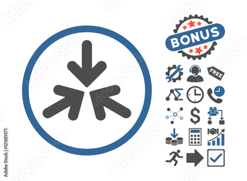 Triple Collide Arrows icon with bonus clip art. Vector illustration style is flat iconic bicolor symbols, cobalt and gray colors, white background.