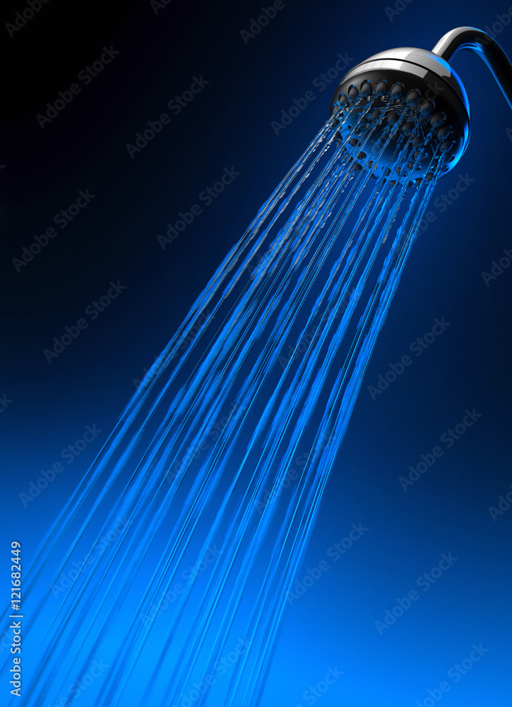 chrome shower head isolated with drops and streams on black background