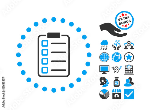 Examination pictograph with bonus symbols. Vector illustration style is flat iconic bicolor symbols, blue and gray colors, white background.