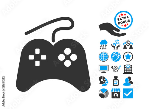Gamepad icon with bonus pictograph collection. Vector illustration style is flat iconic bicolor symbols, blue and gray colors, white background. photo