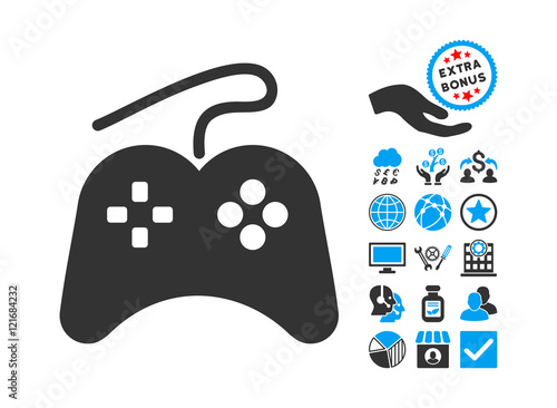 Gamepad icon with bonus pictograph collection. Vector illustration style is flat iconic bicolor symbols, blue and gray colors, white background.