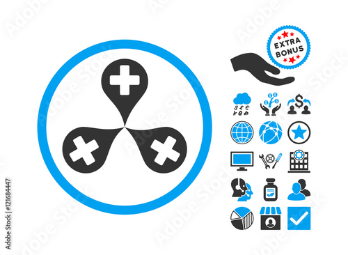 Hospital Map Markers icon with bonus design elements. Vector illustration style is flat iconic bicolor symbols, blue and gray colors, white background.